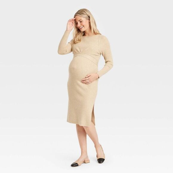 Long Sleeve Mini Maternity Wrap Sweater Dress - Is Oatmeal - Picture 1 of 3